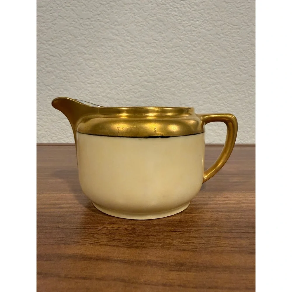 VTG 1940s Germany F.D. Husf Cream Gold Gilding Trim Sugar Bowl Lid & Creamer Set